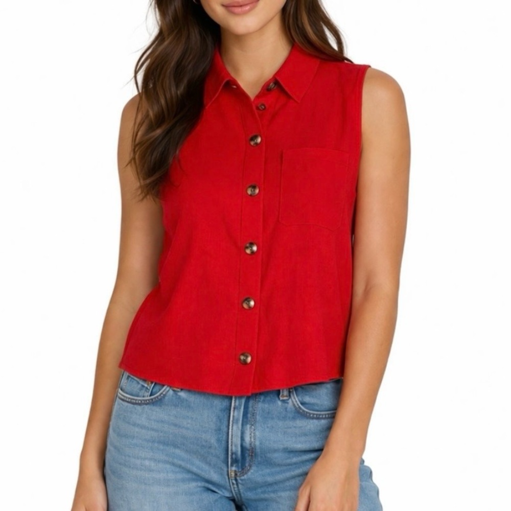 Monteau Red Button Up Collared Sleeveless Top XS Office Casual Everyday